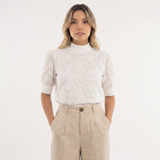 Blusa Mujer de Tela Floral Cuello Alto Ajustado - Mavetta