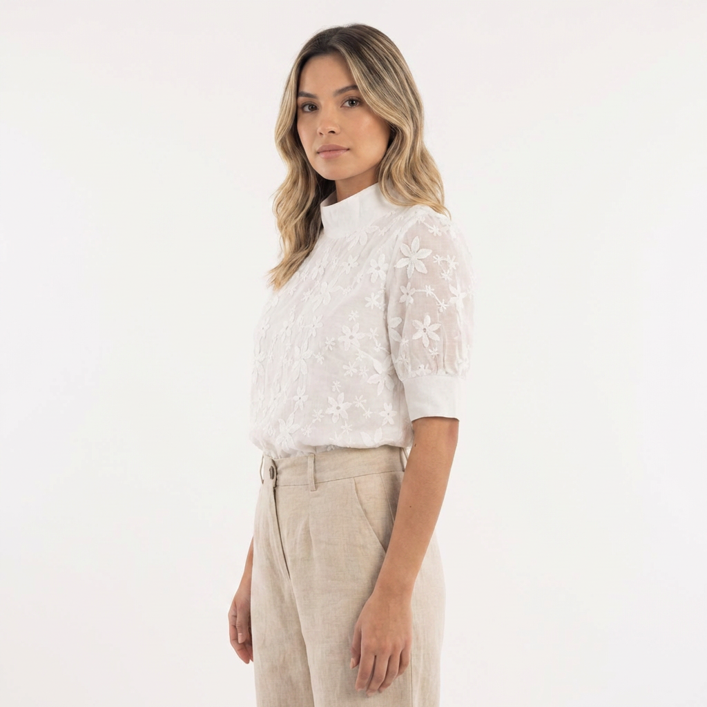 Blusa Mujer de Tela Floral Cuello Alto Ajustado