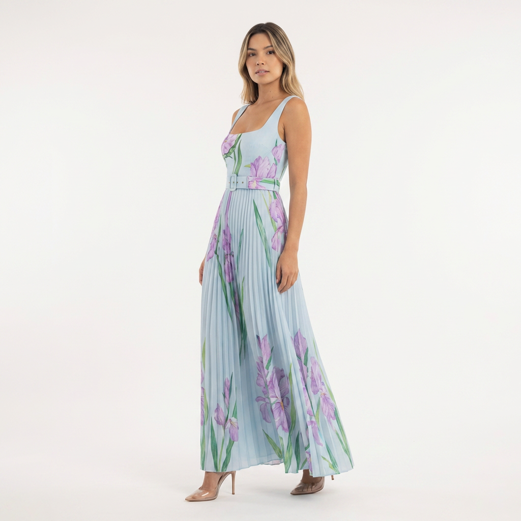 Vestido largo mujer plisado estilo floral