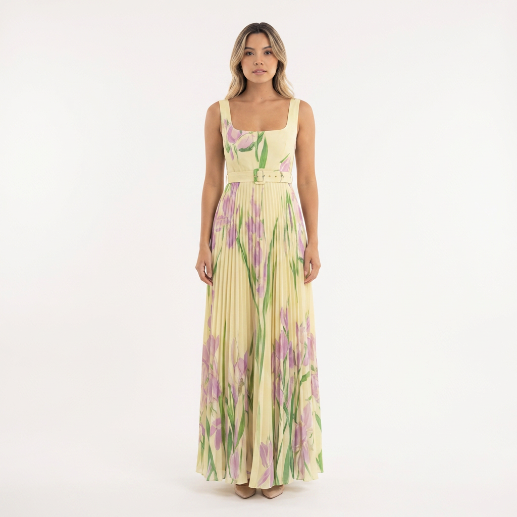 Vestido largo mujer plisado estilo floral
