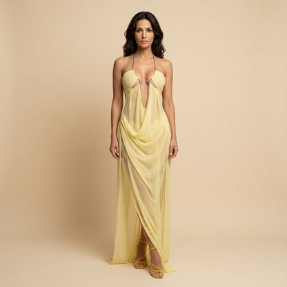 Vestido Fiesta Mujer de Tul Drapeado con Cadena y Perlas