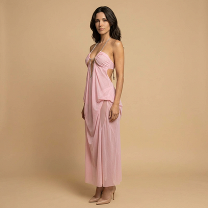 Vestido Fiesta Mujer de Tul Drapeado con Cadena y Perlas