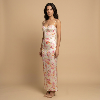 Vestido Invitada Mujer Satén Floral Ajuste Bodycon