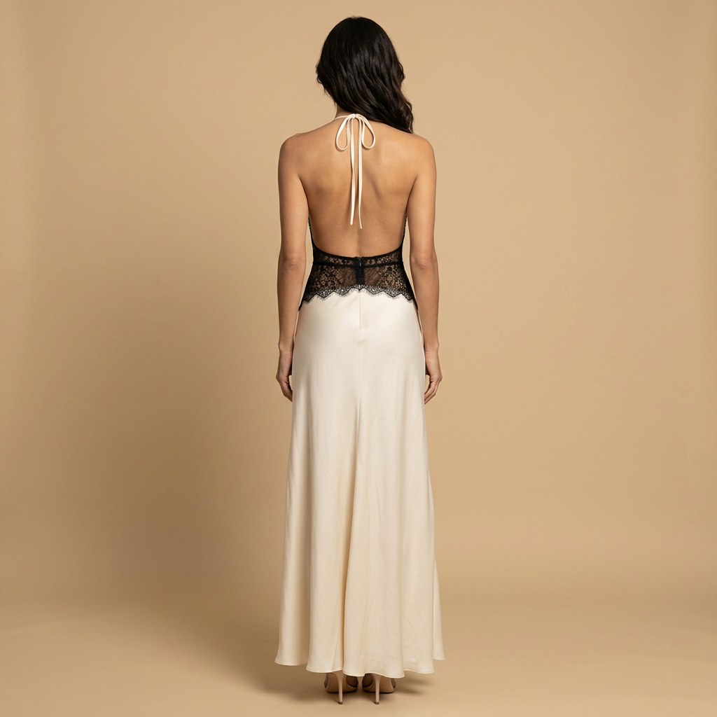 Vestido Fiesta Mujer Satén Encaje Cintura Halter