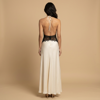 Vestido Fiesta Mujer Satén Encaje Cintura Halter