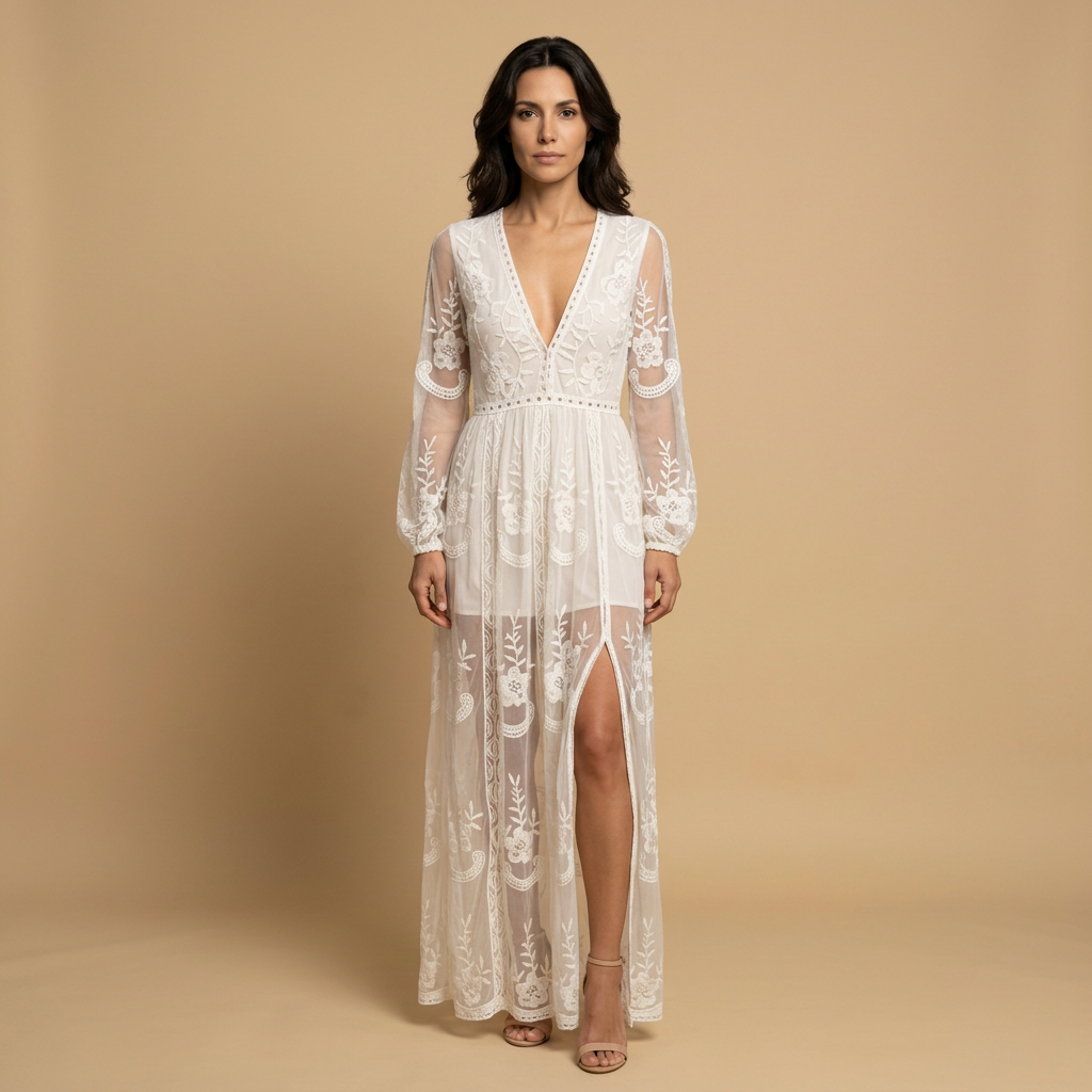 Vestido Largo Mujer de Encaje Bordado Estilo Boho Abertura - Mavetta