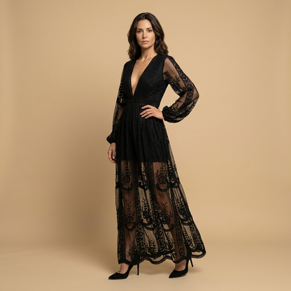 Vestido Largo Mujer de Encaje Bordado Estilo Boho Abertura