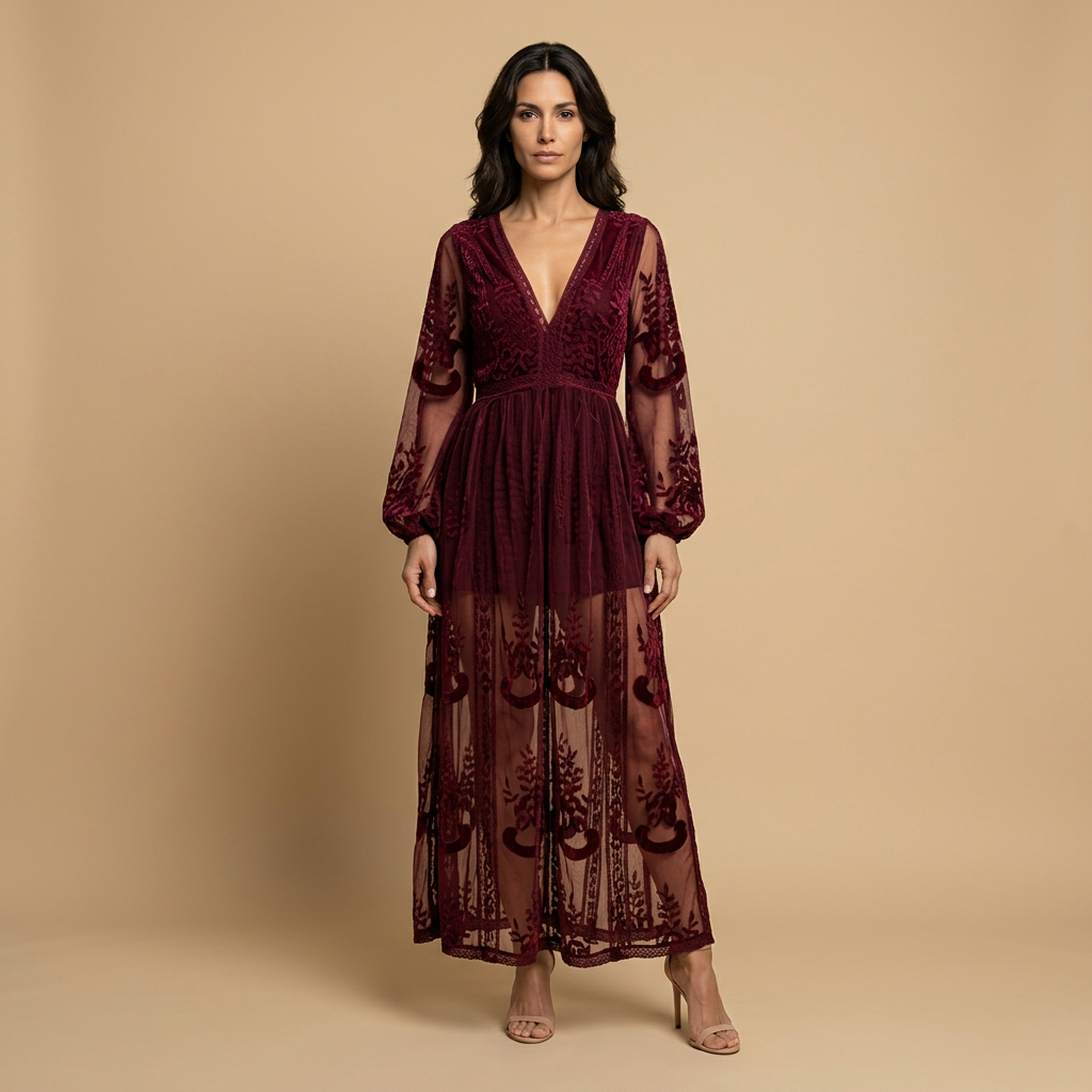 Vestido Largo Mujer de Encaje Bordado Estilo Boho Abertura