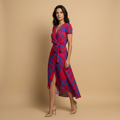 Vestido Largo Mujer Cruzado con Lazo y Manga Corta