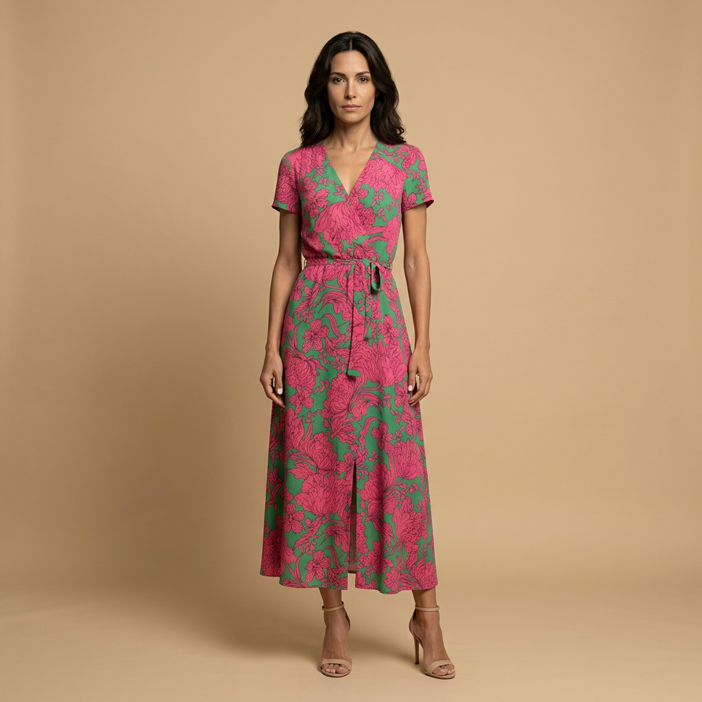 Vestido Largo Mujer Cruzado con Lazo y Manga Corta