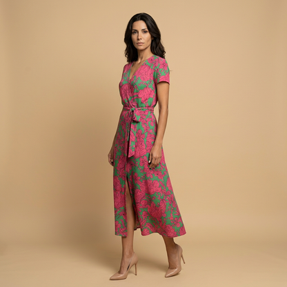 Vestido Largo Mujer Cruzado con Lazo y Manga Corta