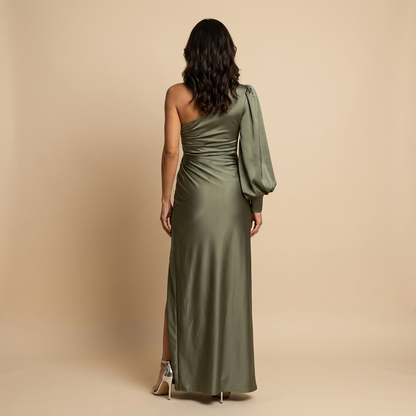 Vestido Fiesta Mujer Satén Un Hombro Nudo Abertura