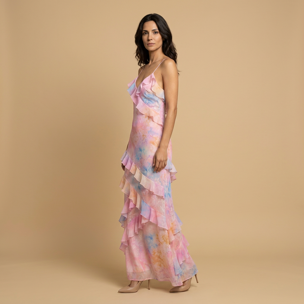 Vestido Invitada Mujer Jacquard Floral Volantes