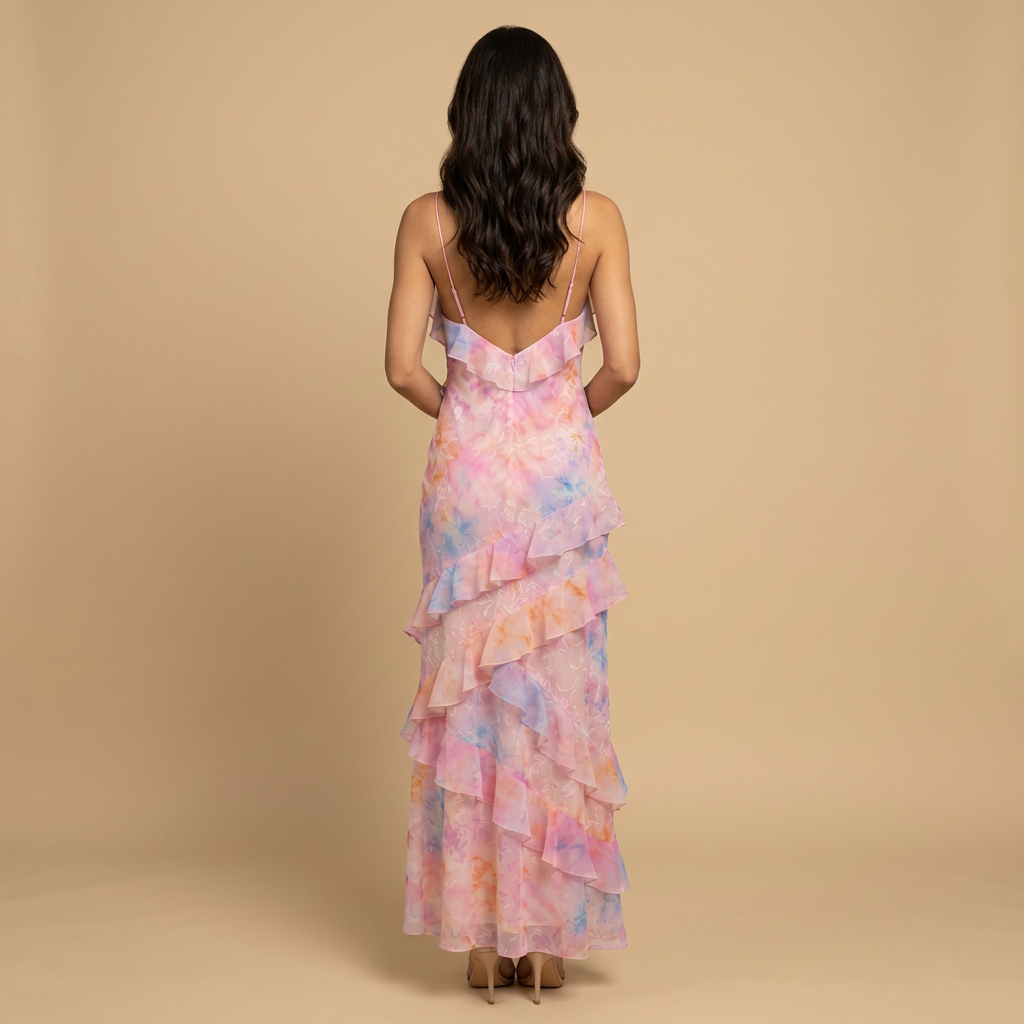 Vestido Invitada Mujer Jacquard Floral Volantes