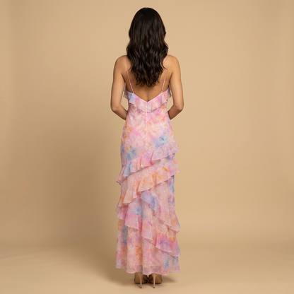 Vestido Invitada Mujer Jacquard Floral Volantes