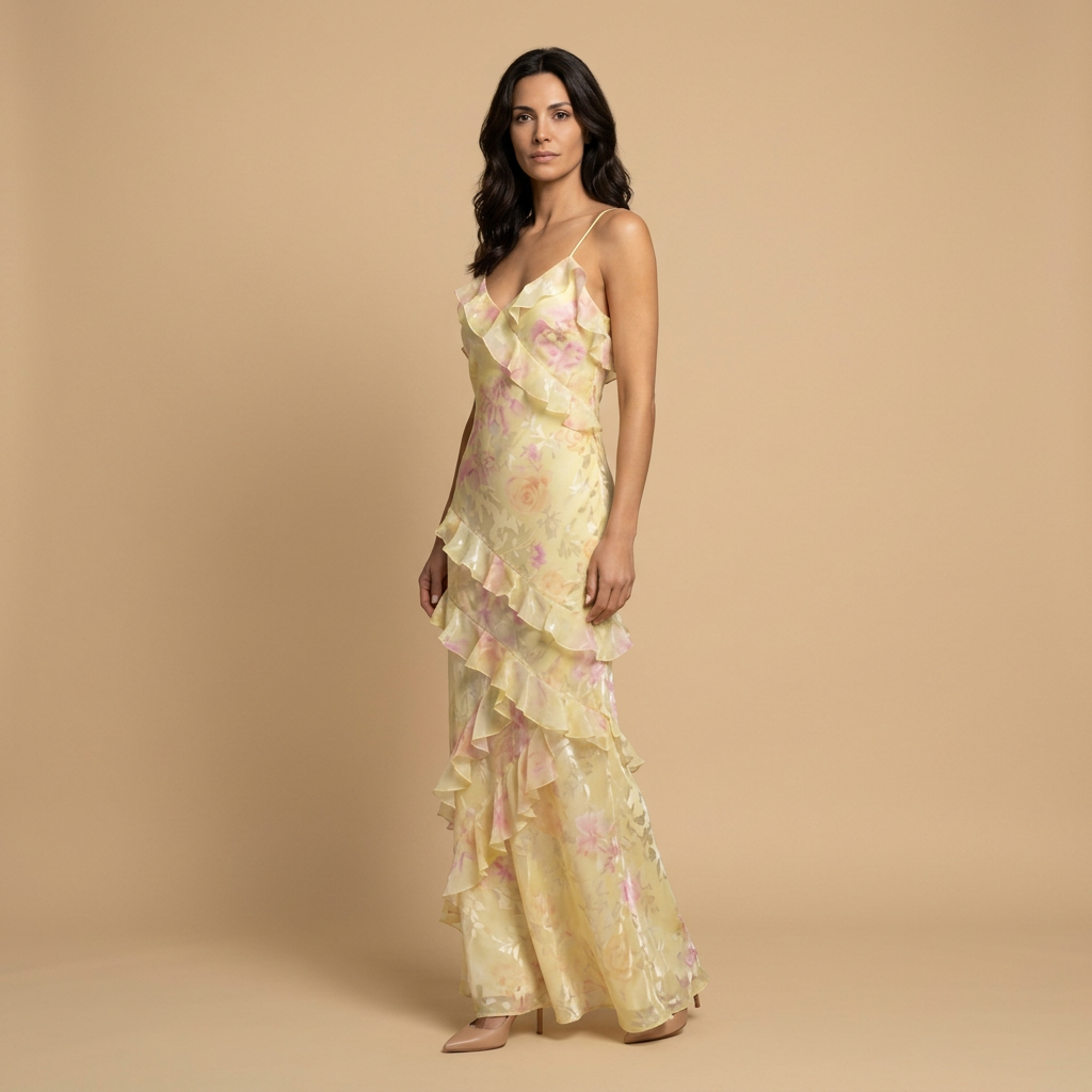 Vestido Invitada Mujer Jacquard Floral Volantes