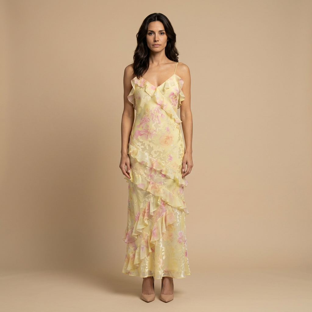 Vestido Invitada Mujer Jacquard Floral Volantes