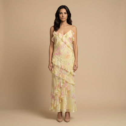 Vestido Invitada Mujer Jacquard Floral Volantes
