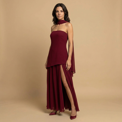Vestido Fiesta Mujer Bandeau Asimétrico Abertura Alta