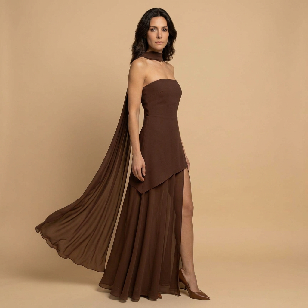 Vestido Fiesta Mujer Bandeau Asimétrico Abertura Alta