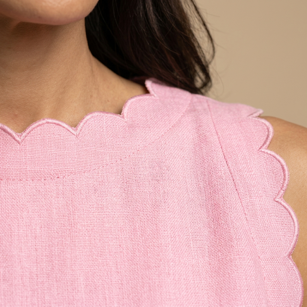 Vestido Corto Mujer de Lino Sin Mangas Borde Festoneado