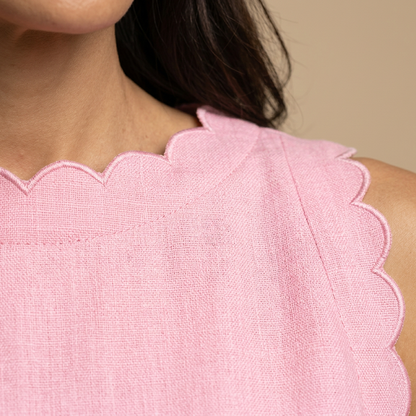 Vestido Corto Mujer de Lino Sin Mangas Borde Festoneado