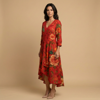 Vestido Largo Mujer Estampado Floral Volantes Boho