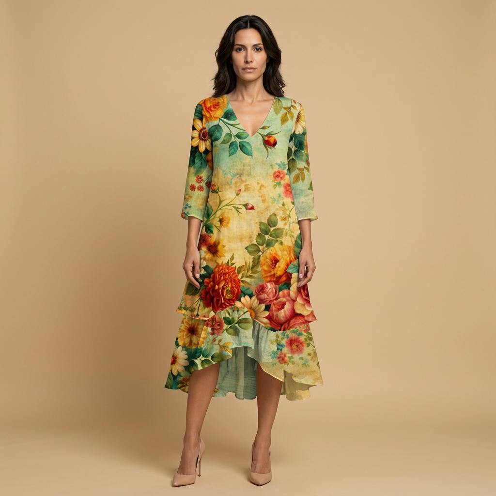Vestido Largo Mujer Estampado Floral Volantes Boho - Mavetta