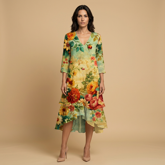 Vestido Largo Mujer Estampado Floral Volantes Boho - Mavetta