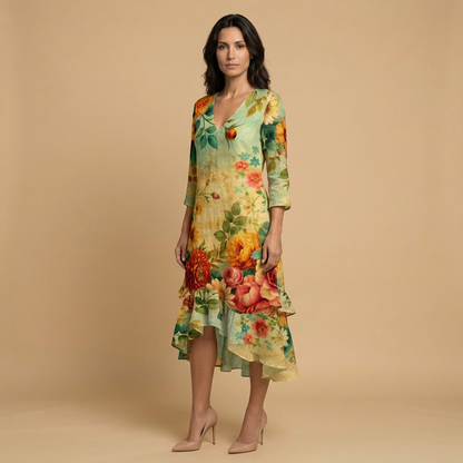 Vestido Largo Mujer Estampado Floral Volantes Boho