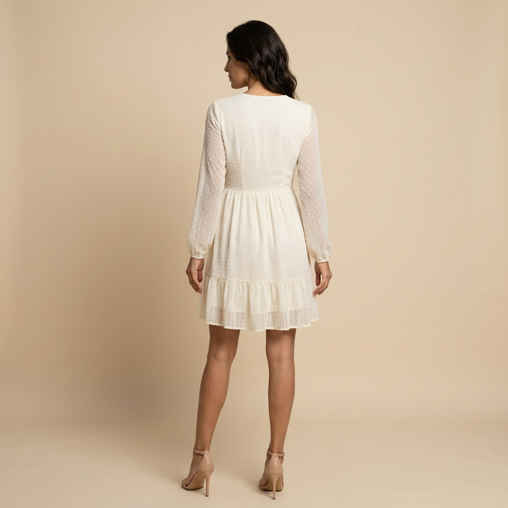Vestido Corto Mujer de Chifón Plumeti Escote en V Manga Larga