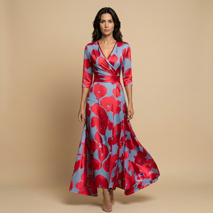 Vestido Largo Mujer de Satén Escote Cruzado
