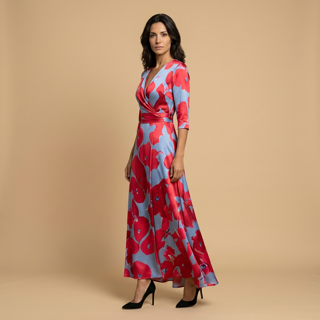 Vestido Largo Mujer de Satén Escote Cruzado