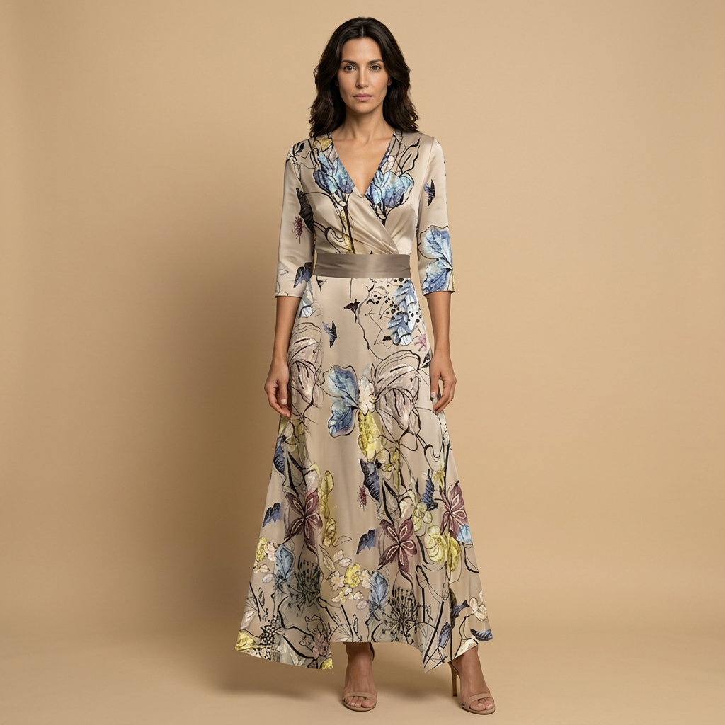 Vestido Largo Mujer de Satén Escote Cruzado
