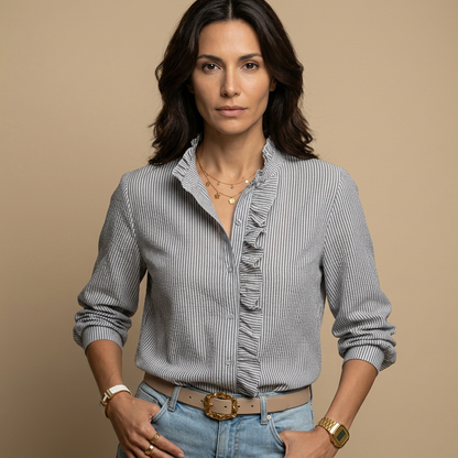 Camisa Mujer Tejido Waffle Volantes Manga Larga Botonadura