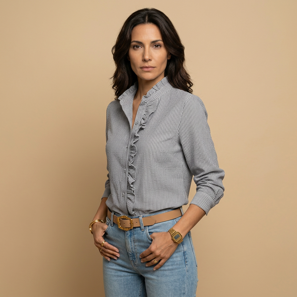 Camisa Mujer Tejido Waffle Volantes Manga Larga Botonadura