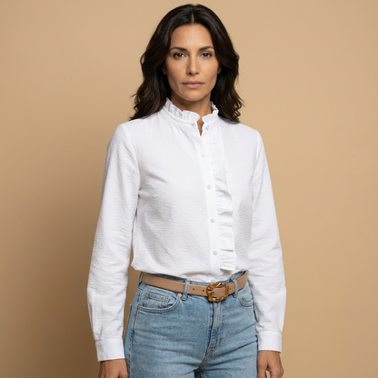 Camisa Mujer Tejido Waffle Volantes Manga Larga Botonadura