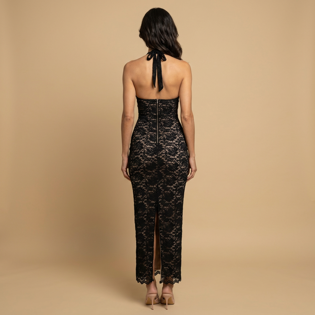 Vestido Largo Mujer de Encaje Floral Halter Ajustado