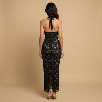 Vestido Largo Mujer de Encaje Floral Halter Ajustado