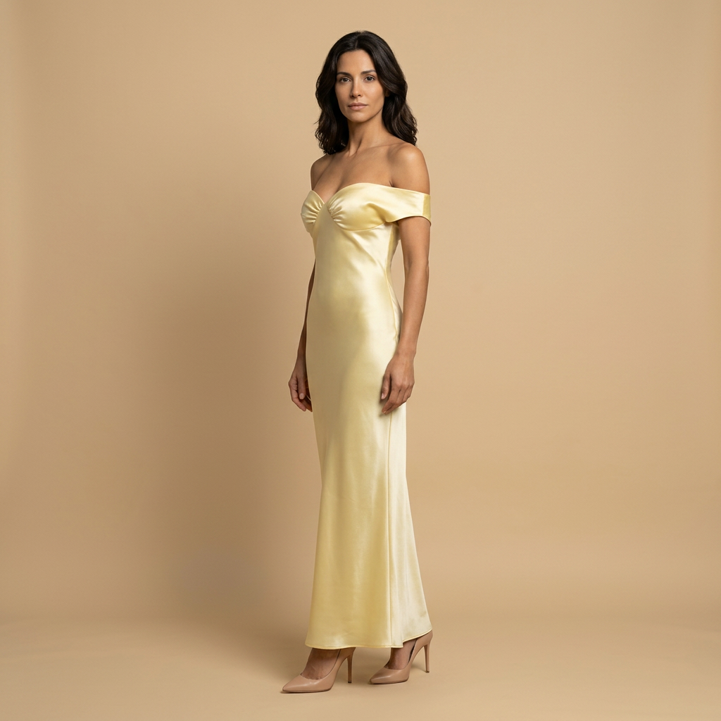 Vestido Largo Mujer Satinado Escote Off-Shoulder