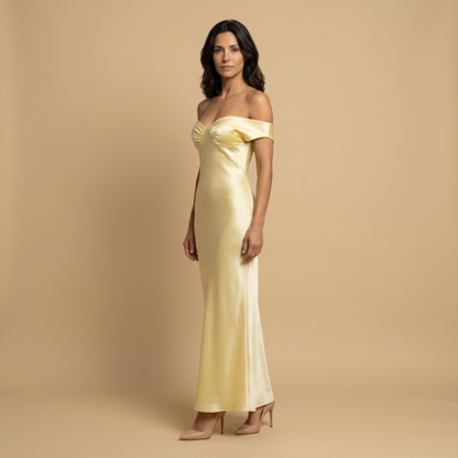 Vestido Largo Mujer Satinado Escote Off-Shoulder