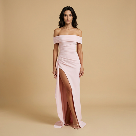 Vestido Invitada Mujer Drapeado Off-Shoulder Abertura - Mavetta