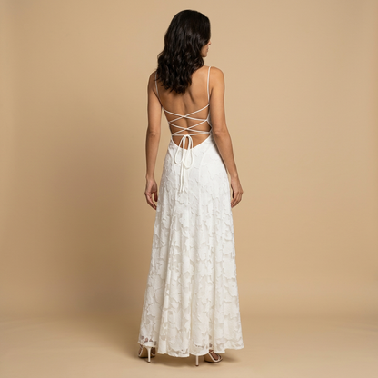 Vestido Largo Mujer con Apliques Florales y Tirantes