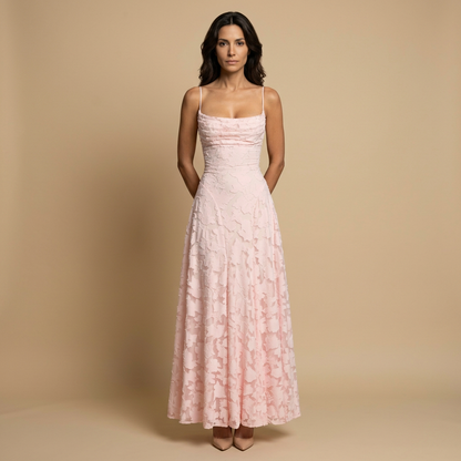 Vestido Largo Mujer con Apliques Florales y Tirantes