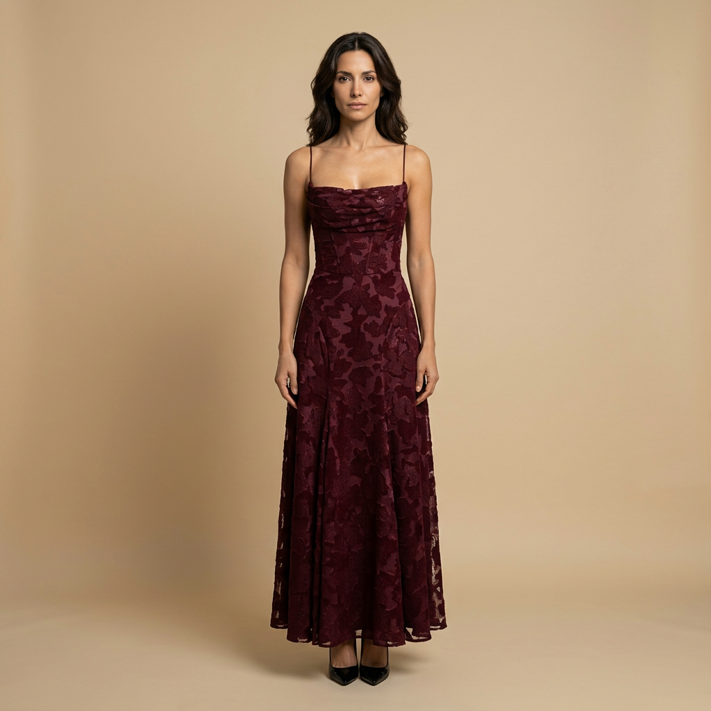 Vestido Largo Mujer con Apliques Florales y Tirantes