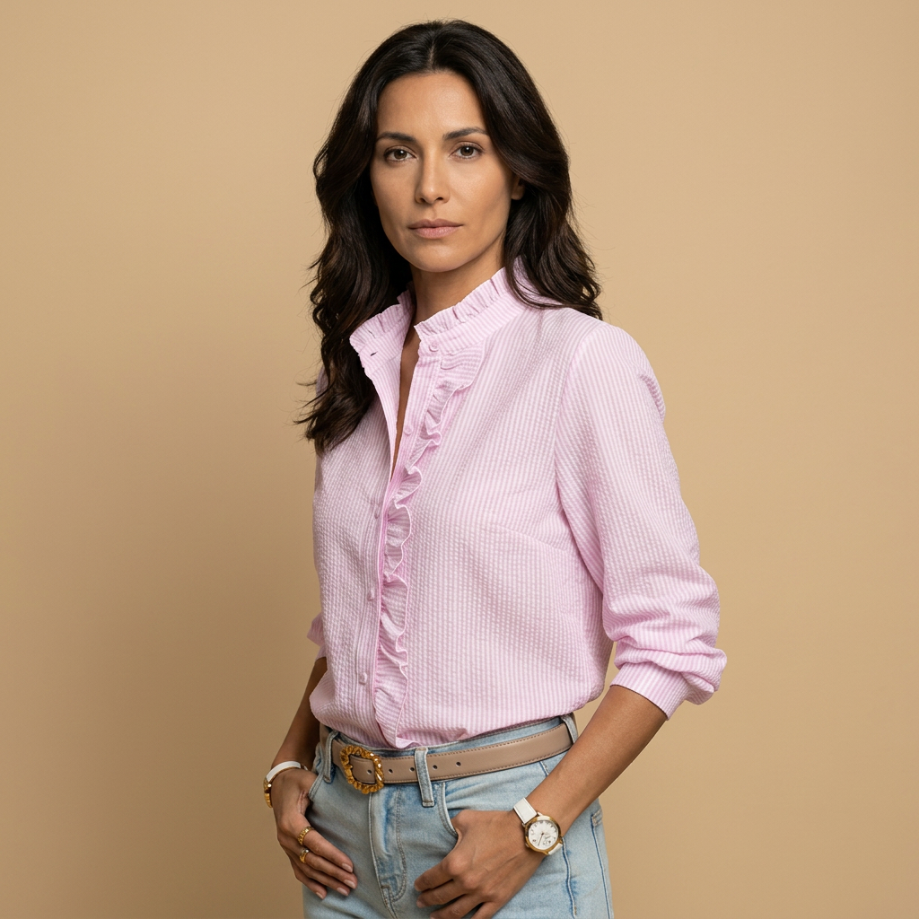Camisa Mujer Tejido Waffle Volantes Manga Larga Botonadura