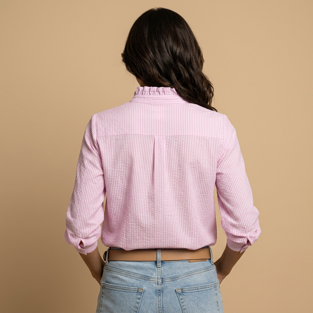 Camisa Mujer Tejido Waffle Volantes Manga Larga Botonadura