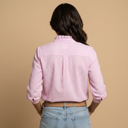 Camisa Mujer Tejido Waffle Volantes Manga Larga Botonadura