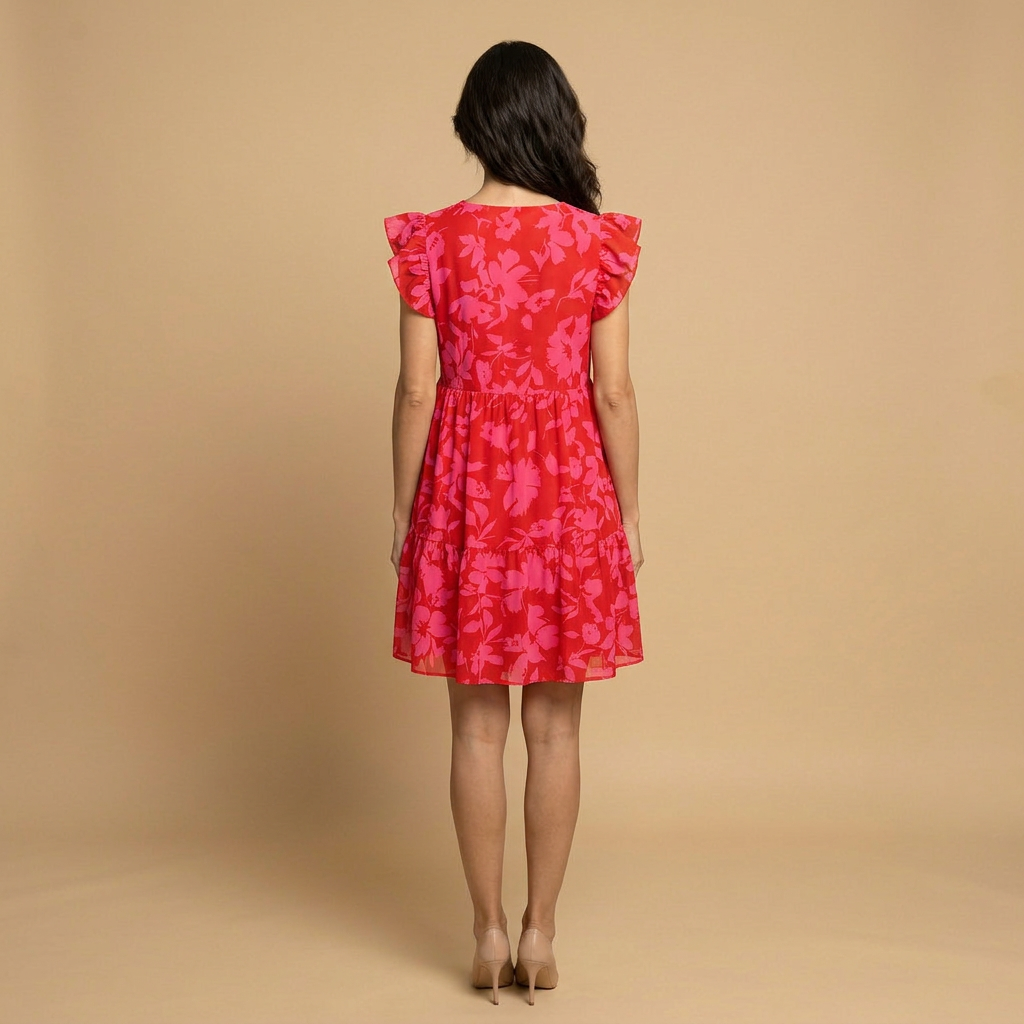 Vestido Corto Mujer Floral Manga Mariposa Volantes