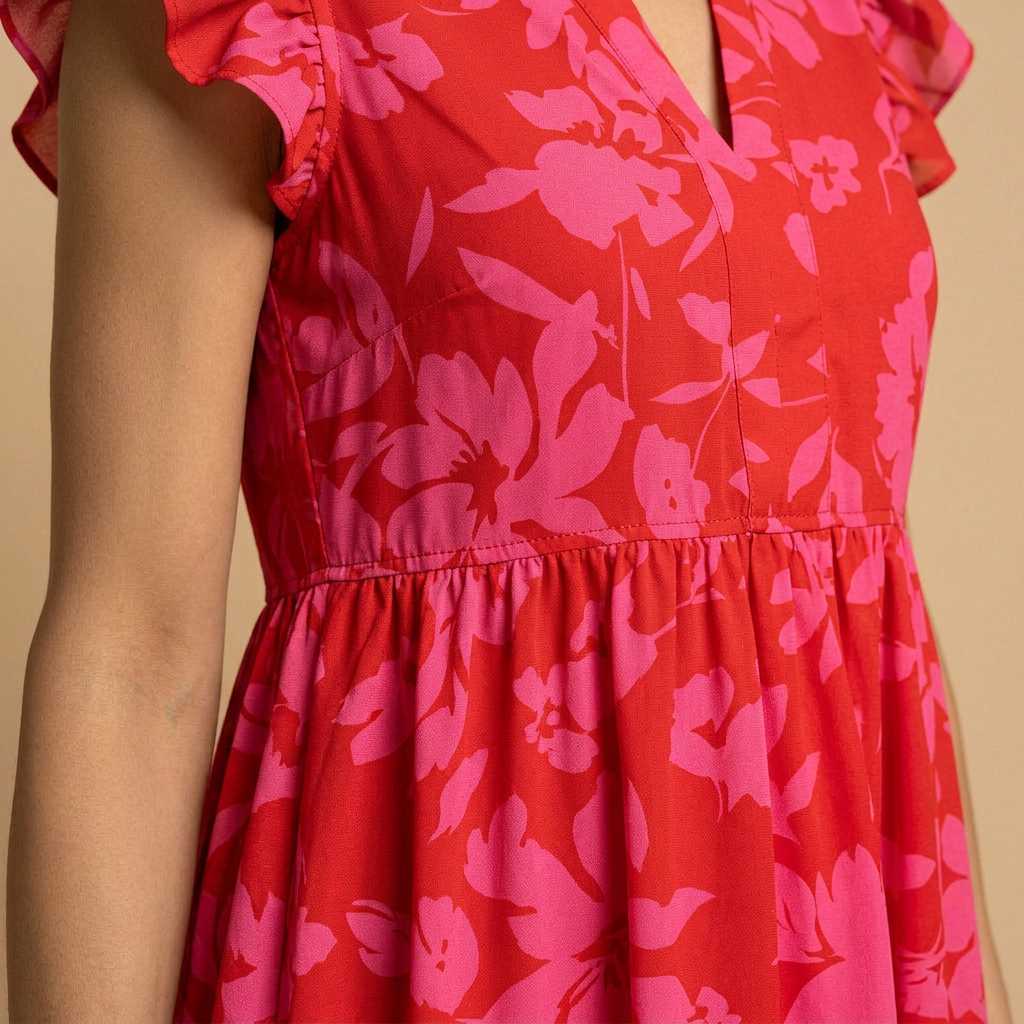 Vestido Corto Mujer Floral Manga Mariposa Volantes